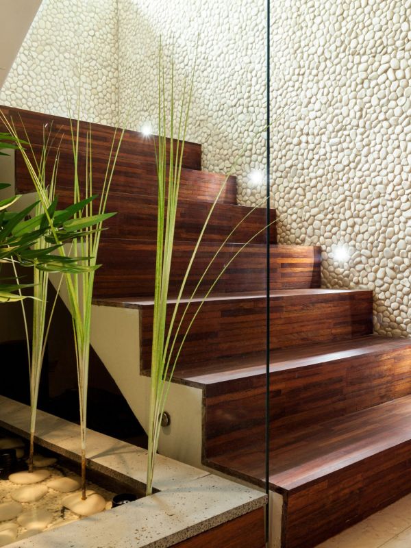 Escalier propre et moderne d’un immeuble résidentiel avec végétation, mettant en avant un service de conciergerie et d’entretien à Genève par Alfredo Services.